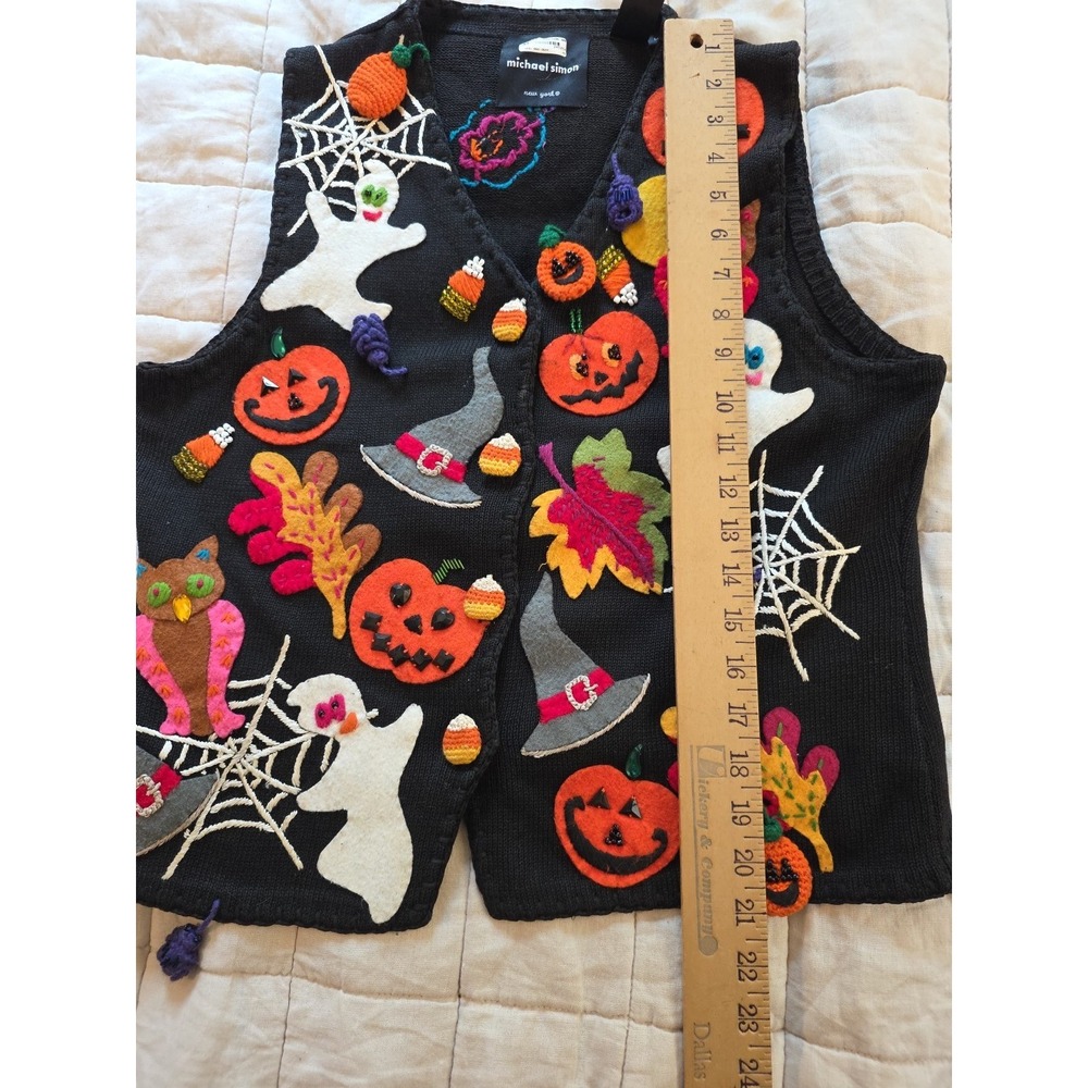 GORGEOUS 90s Vintage Michael Simon Halloween Vest Embroidered Spooky Knit Medium - Picture 6 of 9